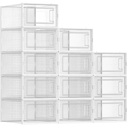 SONGMICS Shoe Boxes, Pack of 12 Shoe Storage Organizers, Stackable Clear Plastic Boxes for Closet, Sneakers, 13.1 x 9.1 x 5.6 Inches, Transparent and White ULSP12SWT