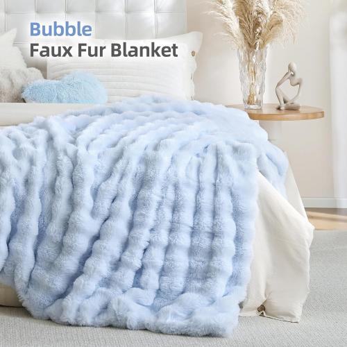 Smoofy Faux Fur Throw Blanket for Couch Rabbit Fleece - Light Blue Fluffy Blanket for Sofa Bedroom Living Room, Cozy Soft Plush Luxury Thick Winter Fuzzy Comfy Bubble Blanket - 60 x 80