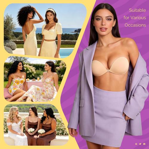 Invisible Sticky Bra Push Up, 2-Pack Adhesive Bra for Backless Dress, Silicone, Exotic Lingerie Accessories (D Cup, Beige, 2PCS)