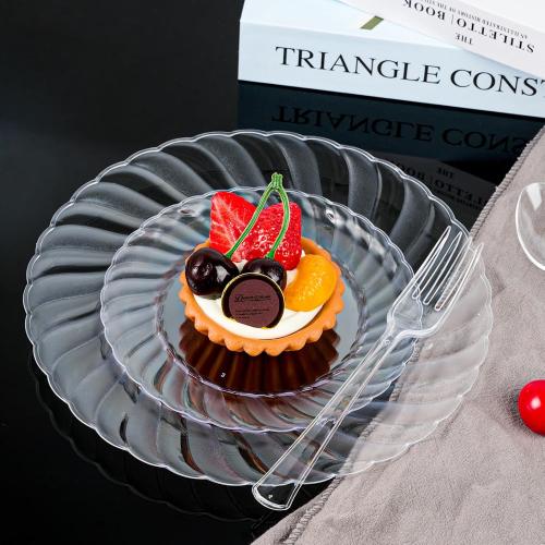 FOCUSLINE 100 Count 6 Inch Clear Plastic Plates, Disposable Heavy Duty Salad Dessert Plates- Premium Hard Plastic Plate Fancy Disposable Clear Plate for Weddings, Parties and Events