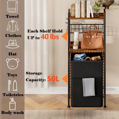 Furnulem Laundry Hamper, Vertical Laundry Basket with 2 Tiers Wooden Shelf and Hooks, Clothes Hamper with Pull-Out and Removable Bag for Bathroom, Bedroom, Dorm, 13.21 Gallons (50L)