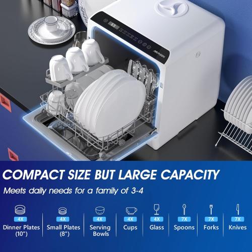 AIRMSEN Portable Countertop Dishwashers, 5 Washing Programs Mini Dishwashers with 1.2 Gal Built-in Water Tank and Double-layered Glass Door, No Hookup Needed for Home, Apartments & RVs
