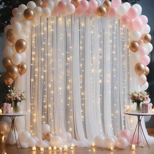10x10ft White Tulle Backdrop Curtain with Lights String for Parites, Sheer Photo Backdrop Drapes with Lights for Wedding Ceremony Reception Baby Shower Bridal Shower Birthday Party
