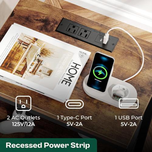 Size 27.6 Color brown Huuger Nightstand with Charging Station, 27.6 Inch Bedside Table with Fabric Drawers, End Table with USB Ports and Outlets, Night Stand for Bedroom, Rustic Brown