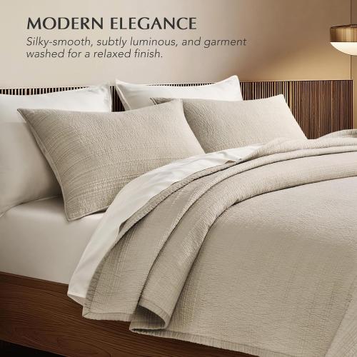 EVERGRACEHOME Channel Stitch 100% Cotton Quilt Set King Size, Pre-Washed Cotton Sateen Coverlet Bedspread, 3-Piece Soft & Breathable Bedding Set with 2 Shams for All Seasons, Parchment