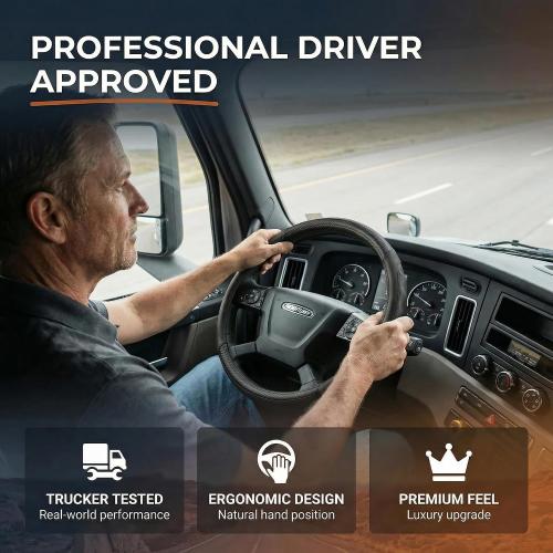 18 Inch Semi Truck Steering Wheel Cover for Freightliner Cascadia, Kenworth T680 T880, Peterbilt 579 & Volvo VNL – Heavy Duty Anti-Slip Leather Grip for Big Rig Class 8 Trucks – Black