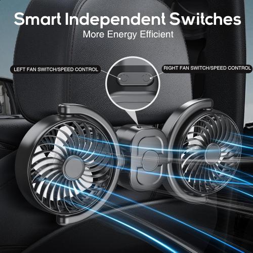 Dealswin Rechargeable Car Fan for Backseat Kids Baby, Battery and USB Dual Power Car Fans, Powerful 3 Speeds 360° Rotatable Dual Head Cooling Car Seat Fan for Sedan SUV RV Truck Vehicle