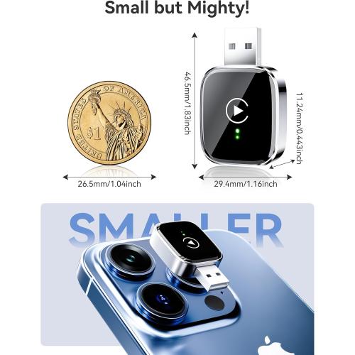 Redlake Wireless CarPlay Adapter for iPhone Mini Size Wireless Apple CarPlay Adapter for USB & USB-C/Type-C Plug and Play (Matte Black with Cable)