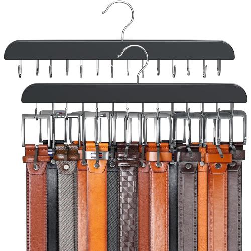 Belt Hanger for Closet, Sturdy Wood Belt Rack Closet Accessories with 14 Hooks Belt Organizer for Closet Organizers and Storage Max 42 Belts-Black 2 Pack
