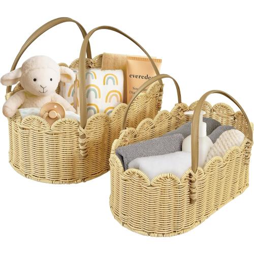 Rattan Picnic Basket with Handle, Wicker Picnic Basket with Scalloped Edge, Garden Harvest Basket, Woven Baskets for Vegetable & Fruit, 2 Pack