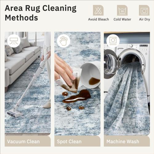 10x14 Area Rugs for Living Room, Non Slip Machine Washable Vintage Rugs, Low Pile Lightweight Large Rug for Bedroom, Dining Room, Home Office Blue