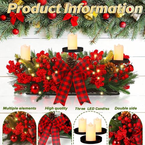 Christmas Centerpiece with 3 Candle Holders 3 LED Candles 1 String Lights Xmas Triple Candelabrum Poinsettia Red Buffalo Plaid Bow Berry Pine Cones with 3 Candle Holders for Tables Home Decorations
