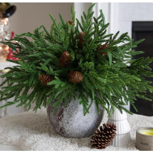 Artificial Christmas Norfolk Pine Stems Branches for Vases,12 Bundles Faux Pine Branches with 5 PCS Big Fake Pinecones Stems Greenery Evergreen Real Touch for Holiday Winter Table Xmas Decor