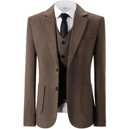Men's 3 Piece Tweed Suit Herringbone Slim Fit Wool Blend Tuxedos Set Vintage Work Wedding Business Jacket Blazer Vest Pants Size 42