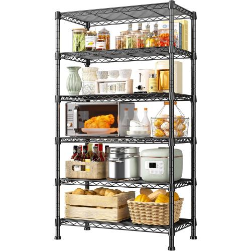 REIBII 6-Tier Storage Shelves Metal Shelving for Storage Load 1000 LBS,Wire Shelves Heavy Duty Shelving Unit Adjustable Pantry Shelf Bathroom Kitchen Garage 24 W x 14 D x 71 H, Black
