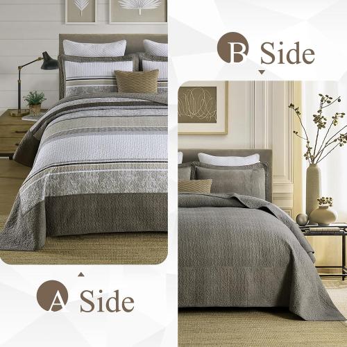 Color Grey 3 Piece King Bedspreads - 100% Cotton Oversized King Quilt with 2 Pillow Shams, Farmhouse Lightweight Stripe Bedspread Coverlet Sets, Brown/Gray/Beige
