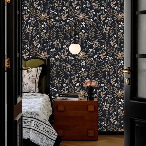 Abyssaly Peel and Stick Wallpaper Vintage Wallpaper Floral Contact Paper for Bedroom Shelf Liner Decor (Black, 17.7 x 118)