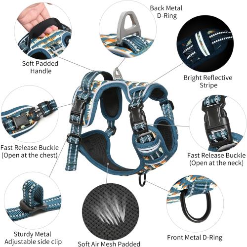 Size XL Timos Dog Harness, 3 Snap Buckles No-Pull Soft Padded Dog Vest with 2 Metal Leash Clips, Adjustable Reflective No Choke Pet Harness with Easy Control Handle for Small Dogs, Sunset Valley,