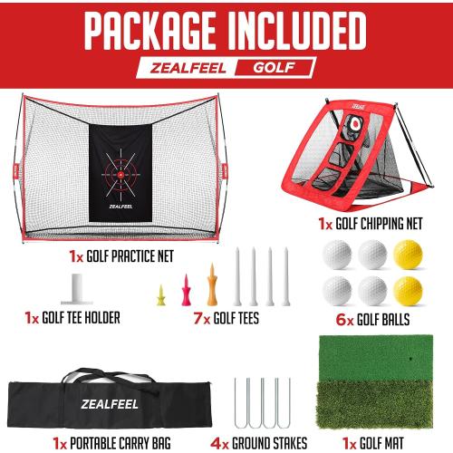 ZEALFEEL Golf Net, 10 x 7 ft Hitting Practice Set with Chipping Net | Foldable Mat, Silk Target, 8 Tees, 6 Balls & Carry Bag, For Backyard Driving, Chipping and Indoor or Outdoor Practice