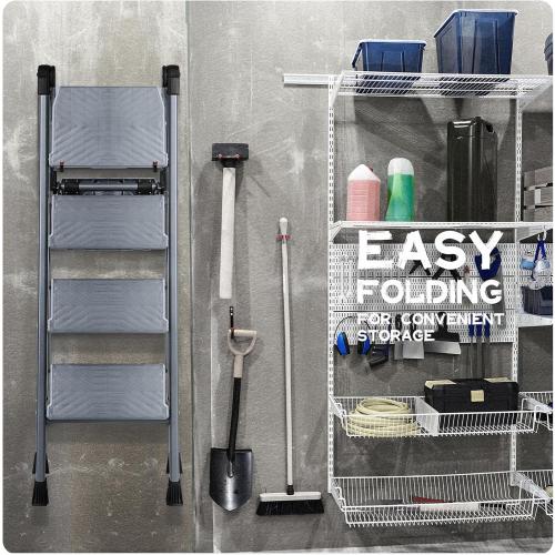XinSunho 4 Step Ladder, Foldable Step Stool Ladder with Handrails & Tray, 660 lbs Heavy Duty Wide Pedals, Sturdy Steel Folding Ladder for Kitchen, Home, and Household Use