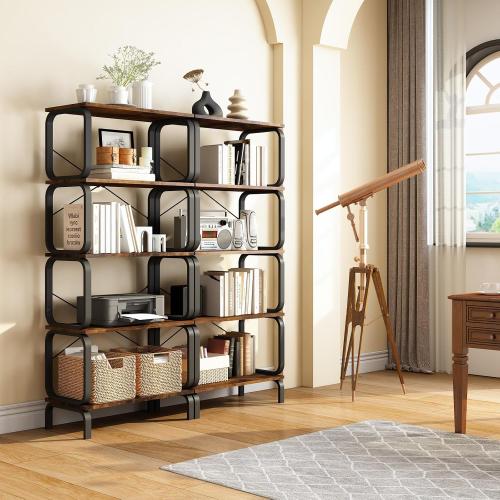 Book Shelf, Industrial 5 Tier Bookshelf, Tall Bookcase with 165lbs/Shelf Capacity, Open Wood Metal Bookshelves, Vintage Book Shelves for Bedroom, Living Room, Home Office, Garage - Rustic Brown
