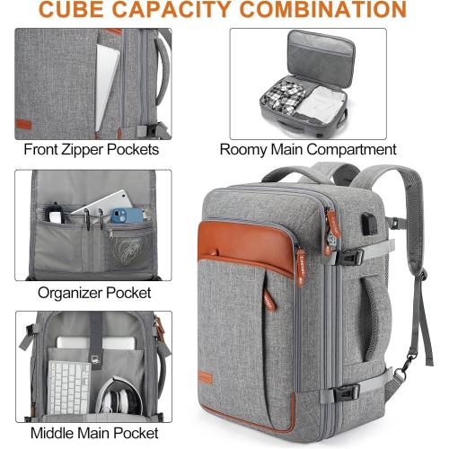 Lumesner Carry on Travel Backpacks, Extra Large 40L Flight Approved for Men & Women,Expandable Suitcase backpack (Grey (Backpack With 4 Packing Cubes))