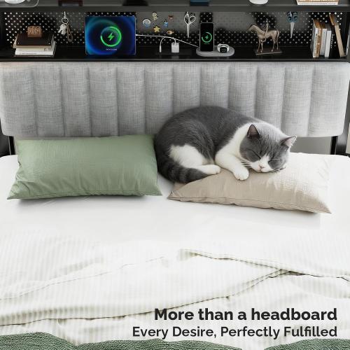 VINGLI Full Size Headboard Only, Upholstered Head Board with 2 Tier Shelves and Pegboard with Charging Stations and LED Lights, Modern Bed Headboard with Storage for Bedroom Decor, Linen Gray