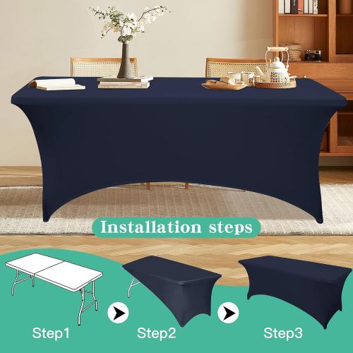 8FT Table Cloth for Rectangular Fitted Events Stretch Navy Blue Table Covers Washable Spandex Tablecloth Protector for Party, Wedding, Cocktail, Banquet, Festival