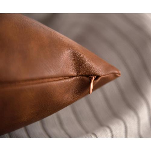 Faux Leather Throw Pillow Covers 22x22 inch, Set of 2 Thick Cognac Brown Modern Solid Decorative Square Minimalist Cushion Cases for Couch Bed Sofa
