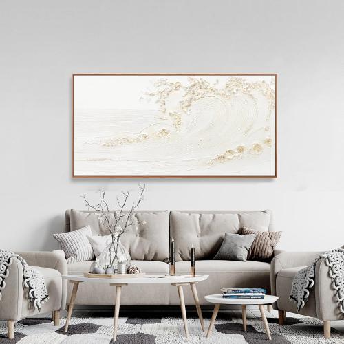 Framed Wall Art Wall Decor Nature Decor Canvas Hand Painted White Wave With Golden Embellishments Artwork Painting Picture For Living Room Bedroom Living Room And Office Wall Decor 24x48 Inch