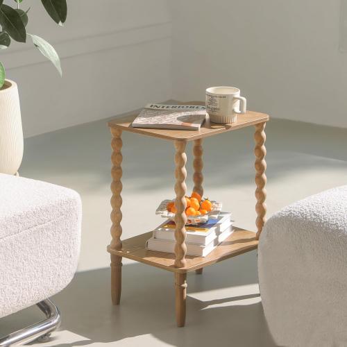 Small End Table, Couch Side Table with 2-Tier Storage Shelf, Wood Coffee Table for Bedroom, Living Room, Small Spaces (Rustic Walnut)