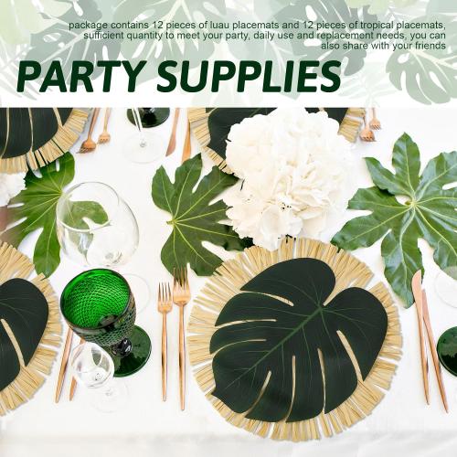 36pcs Luau Placemats and Palm Placemat, Round Luau Fringe Place Mats Tropical Palm Leaf Place Mats Bulk Summer Hawaiian Plate Chargers Table Placemats Tropical Party Supplies‼️Missing Hawaiian Plate Chargers Table Placemats Tropical Party Supplies‼️