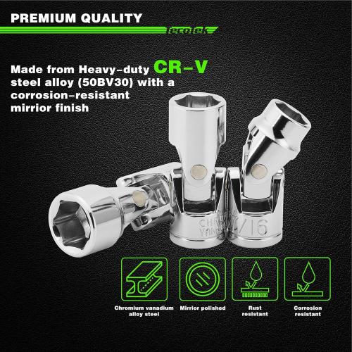 17-Piece 3/8-Inch Drive Universal Joint Socket Set, Swivel Socket Set, 6-Point, SAE (3/8 to 3/4) and Metric (10mm to 19mm), CR-V, Universal Flex Socket for Easier Access to Tight Spaces