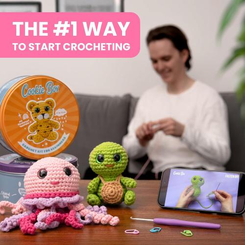 Cookie Box Original Crochet Kit for Beginners – Gift Set to Make Bear Ted Amigurumi Plushie – Easy DIY Crochet & Knitting Starter Kit with Video and PDF Tutorials