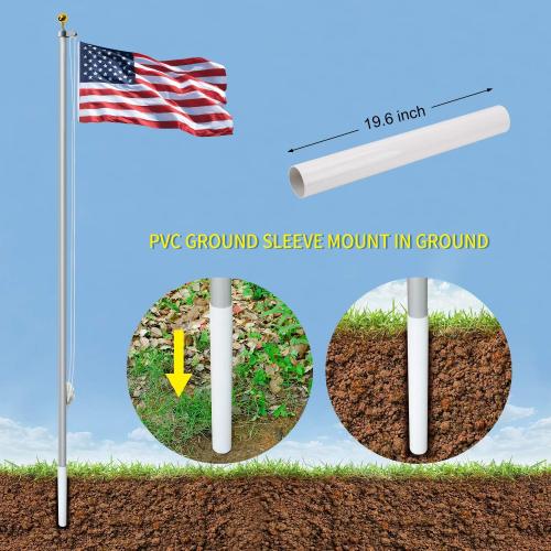 20FT Sectional Flag Pole Kit, 14 Gauge Extra Thick Heavy Duty Aluminum Outdoor In ground Flagpole for Residential or Commercial, Silver