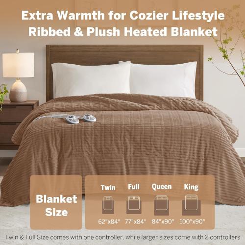 Serta Electric Blanket, Soft, Ribbed, Plush Heating Blanket King for Office, Couch, 1-12 hr Auto Shut Off Timer, 10 Lv Heating, ETL Certified, King 100x90 Chestnut Brown