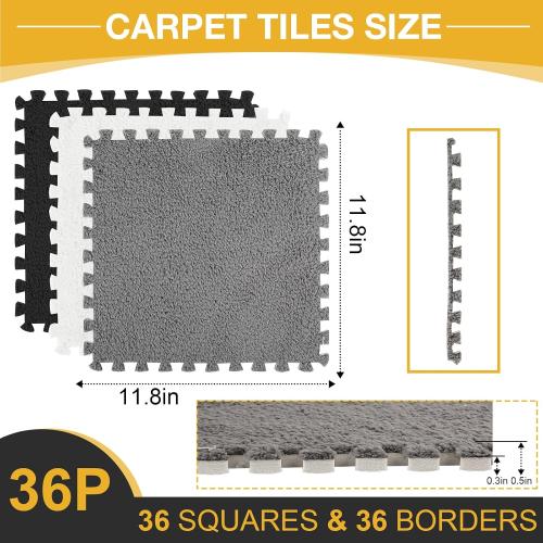 36 Pcs Plush Interlocking Carpet Tiles, Non-Toxic Foam Carpet Tiles for Toddler Baby, Anti-Slip, EVA Foam Interlocking Tiles for Floor, Nursery, Playroom, Grey White Black
