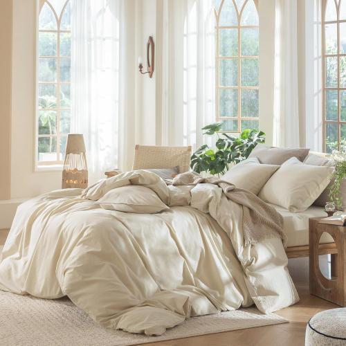 MooMee Bedding Duvet Cover Set 100% Washed Cotton Linen Like Textured Breathable Durable Soft Comfy (Heathered Almond Milk Grey, Twin 68x90)