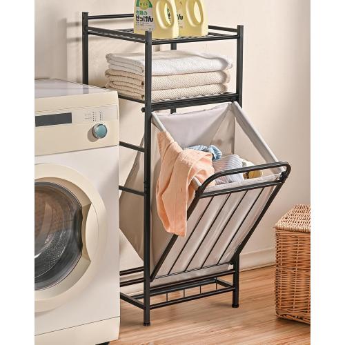 PLKOW Tilt Out Laundry Hamper with Shelf, Laundry Basket Laundry Hamper Cabinet with Removable Liner Bag, 65 Liter, 15.8L x 15.8W x 40H Inch
