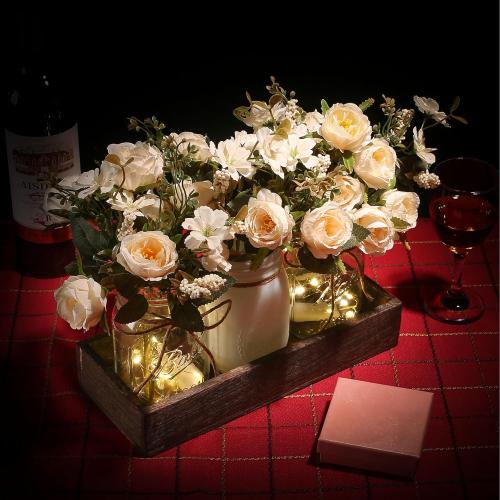 3 Pcs Mason Jar Centerpiece Table Decorations for Dining Table Decor Farmhouse Coffee Table Decor with Wood Tray and Led Light Table Centerpieces for Dining room Kitchen Living Bathroom,White
