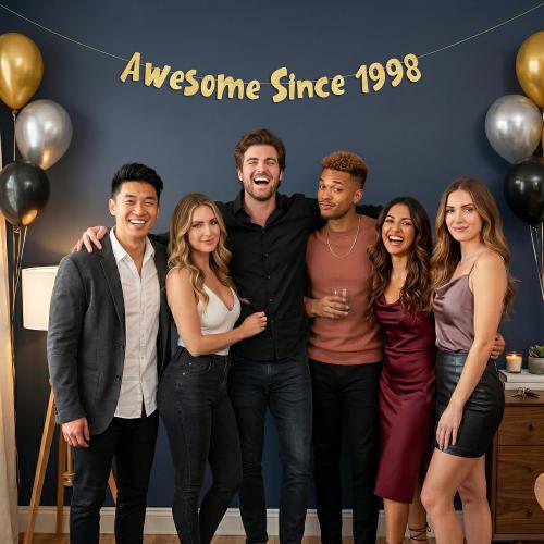 Pre-Strung Awesome Since 1998 Gold Glitter Banner - Funny 28th Birthday and Anniversary Decorations for Men and Women - Party Supplies and Gifts