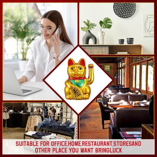 Chunful 6 Inch Lucky Cat Waving Arm Maneki Neko Lucky Beckoning Feng Shui Wealth Cat for Welcoming Fortune Wealth Prosperity Decoration, Battery Not Included(Gold Color)