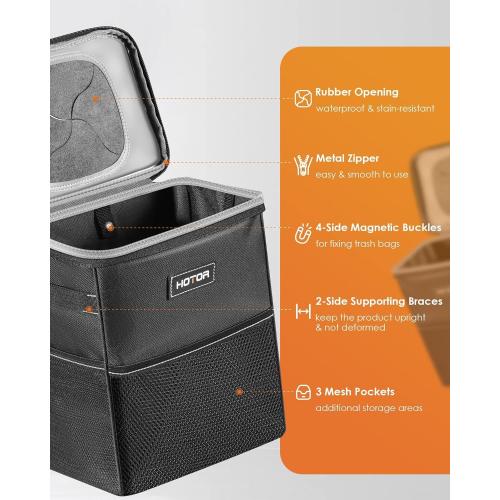HOTOR Car Trash Can with Lid and Storage Pockets - 100% Leak-Proof Organizer, Waterproof Garbage Can, Multipurpose Trash Bin for Car, 2 Gallons, Black