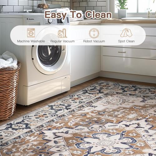Lofus Area Rugs for Living Room, Washable Area Rug, Rugs for Bedroom, Kitchen, Vintage Boho Carpet, Soft Non-Slip, Low Pile Large Area Rug for Office Dining Room, Floral Brown