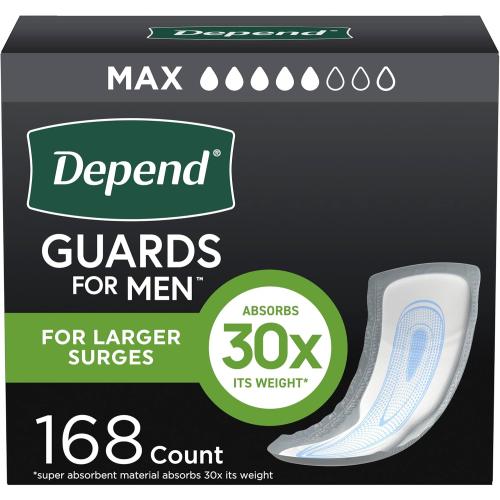 Depend Guards Incontinence Pads for Men, Maximum Absorbency, 168 Count (2 Packs of 84), Packaging May Vary