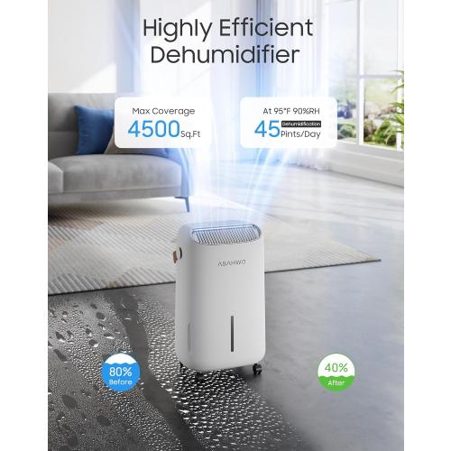 Size 45 pint Dehumidifier for Basement,Home,Bathroom,Bedroom 45 pint/Day 4500 Sq ft Dehumidifiers with Drain Hose,Most Efficient Energy Star 2025,Intelligent Humidity Control,3 Modes,24H Timer (45 Pint)