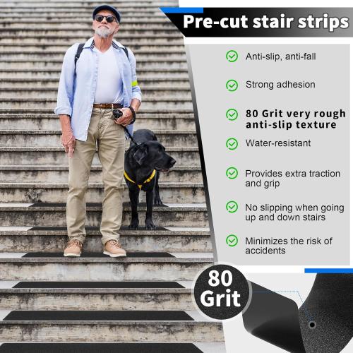 Outdoor Stair Treads Non-Slip Step Strips for Wooden Steps 5 Pack 6” x 24” Anti Slip Grip Tape Precut for Outside Stairs, Non Skid Stair Tread Mats Weather Resistant for Outdoors, Black