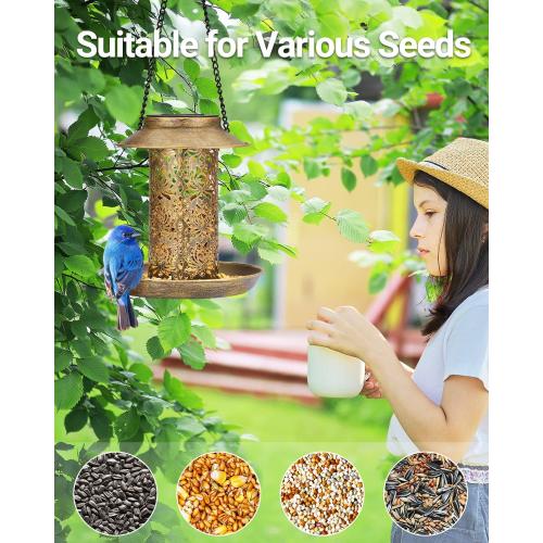 Bronze SWEETFULL Solar Bird Feeder for Outdoors Hanging, Metal Wild Bird Feeder for Cardinals Solar Garden Lantern with S Hook as Gift for Bird Lovers