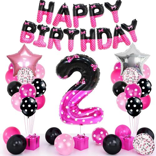 Cartoon Mouse Pink Birthday Banner Party Decorations with Bow Balloons, 40 Inch Number Balloon, 2nd Birthday Decor Supplies for Girl