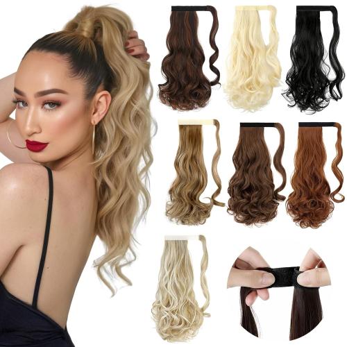 FELENDY Ponytail Extension, 18 Wrap Around Long Ponytail Hair Extensions Wavy Curly Clip in Pony Tails Hairpieces For Women (Light Blonde Mix Bleach Blonde)